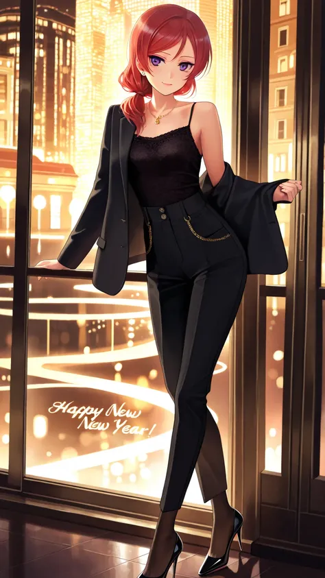 masterpiece, best quality, ultra-detailed, 1 girl, solo, Maki Nishikino, red hair, purple eyes, long hair, sleek low ponytail, m...