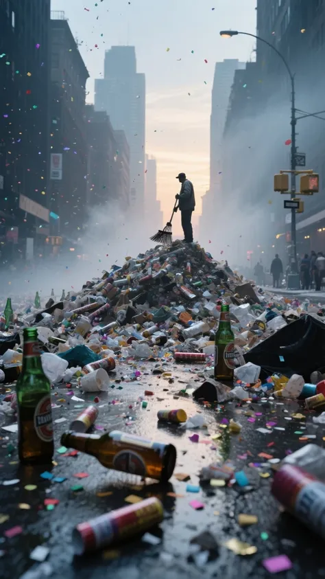 RAW photo, masterpiece, best quality, (The aftermath of a wild New Year's Eve:1.4), a city street at dawn covered in a mountain ...