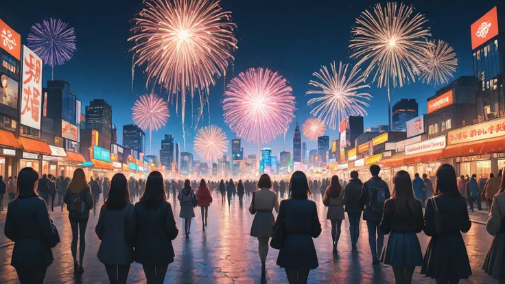 masterpiece, best quality, RAW photo, Night view of the city celebrating the new year 2026, Colorful fireworks launched into the...