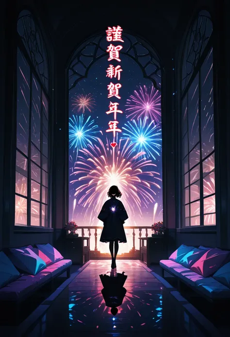 A cinematic shot shows a man silhouetted in a dark, dimly lit room as he looks out of a large window. Outside, the night sky is ...