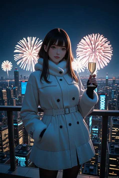  1girl, solo, 3d, cute anime girl, winter fashion outfit, standing on a skyscraper rooftop, city skyline background with "WELCOM...
