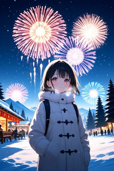 Young girl watching firework party in the new years eve, in the snowy park, she look to the sky