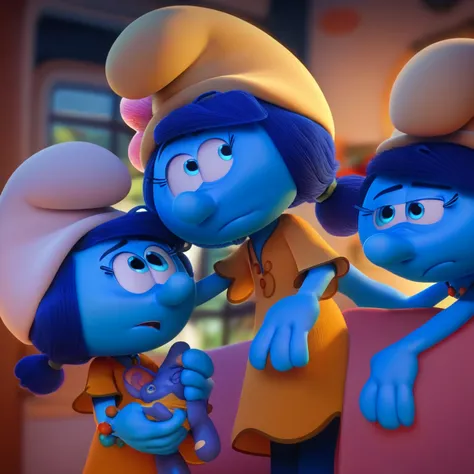 Smurflucy, blue skin, blue eyes, dark blue hair, three, light yellow hat, hat flower, Mom, 2girl Smurfwillow, blue skin, blue ey...