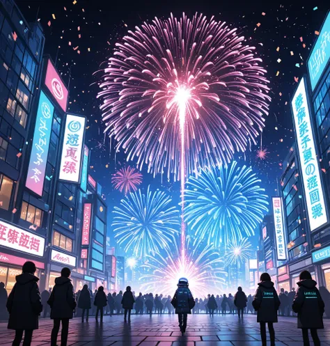 "Vibrant city skyline at midnight, towering futuristic skyscrapers with bold neon holographic countdown displays showing '00:00:...