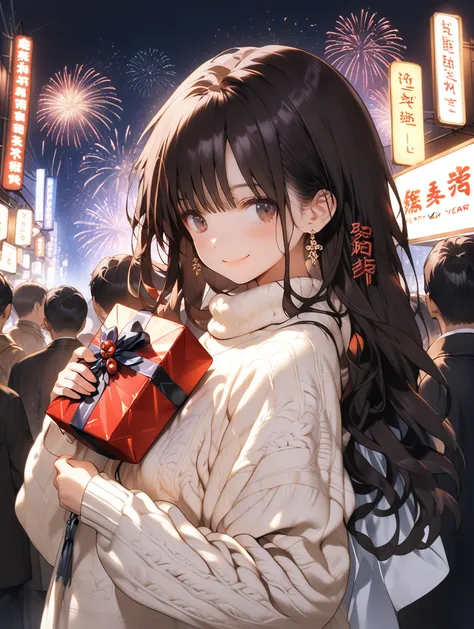 new years , neon light that say "Happy new years" , people crowded , happy , cheerful crowd , one girl , holding a gift , warm l...