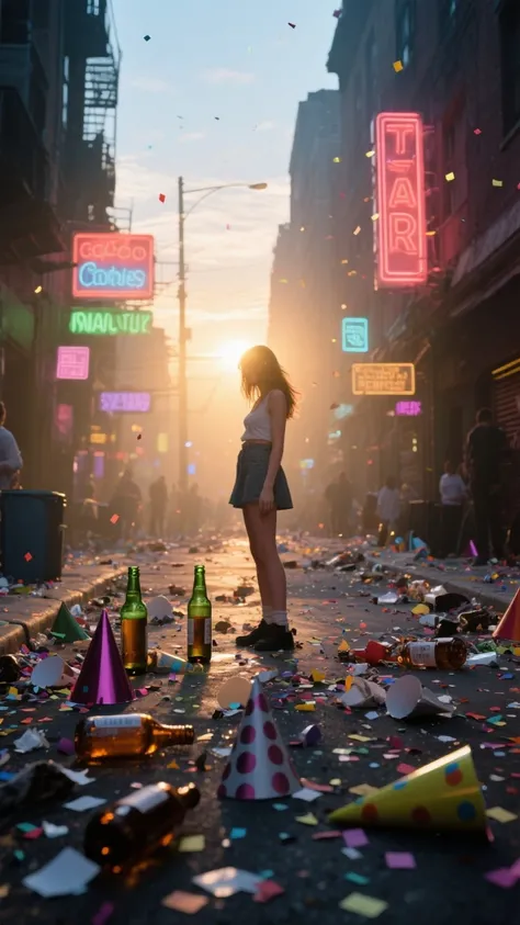 masterpiece, best quality, ultra highres, 1girl, solo, messy street, after party, morning sun, cinematic lighting, debris, confe...