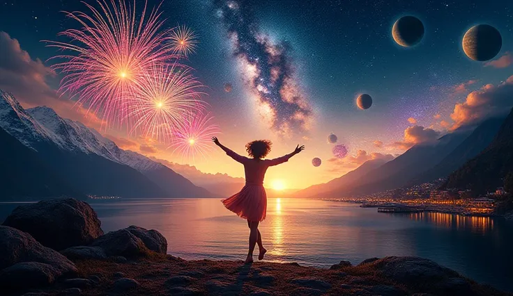 A breathtakingly realistic composite photograph seamlessly blending a joyful woman dancing with arms outstretched amidst a spect...