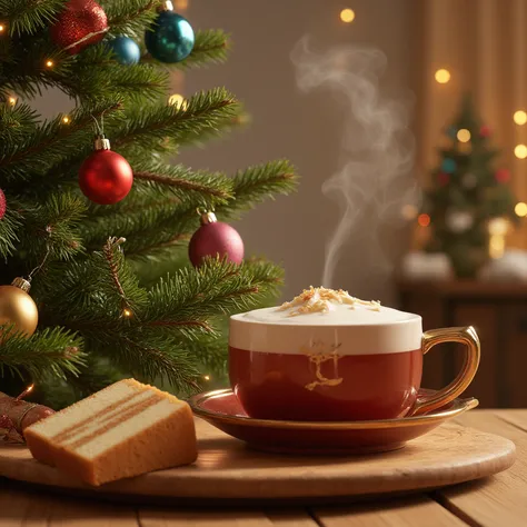 New Year's picture with a photorealistic image of fir branches with toys and a garland of a cup of tea and a piece of ginger cak...