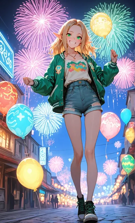 freya, the old elf, waist-length golden hair, emerald green eyes, grandes pechos, neckline, wearing a cute pastel bomber jacket ...