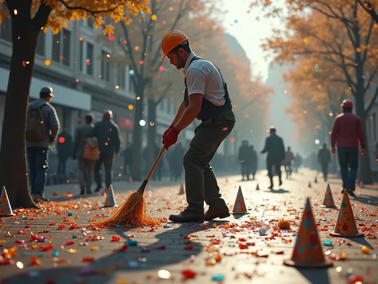 the janitor cleans up the trash after the New Year celebrations