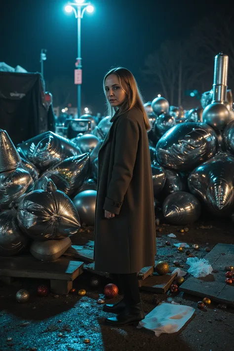 Messy square after New Year's or a big city festival. Standing alone between shiny metallic balloons and collapsed platforms, bl...