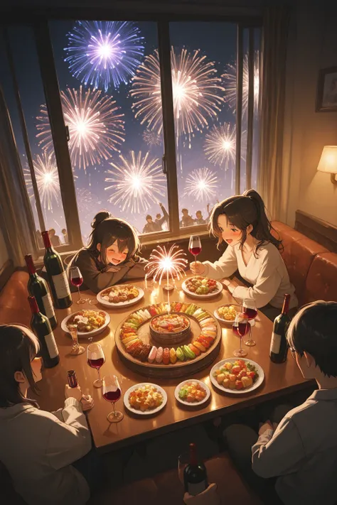 High Angle style,New Year's Eve night, party, drunk people, assorted food, wine bottles and wine glasses, nighttime, large windo...
