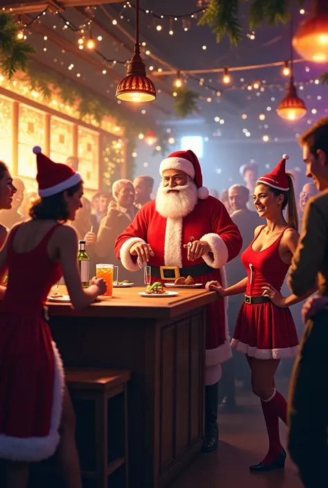 Cheers bar full of party people having fun. Bartender dressed as Santa, waitresses dressed as elfes
