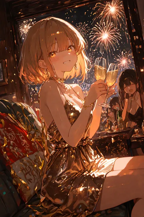Cute anime woman in elegant New Year's cocktail dress hosting house party, toasting with champagne at midnight, side view in coz...
