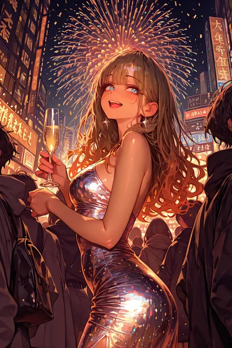 Anime-style beautiful American girl in sparkling party dress standing in crowded Times Square on New Year's Eve, watching the ba...