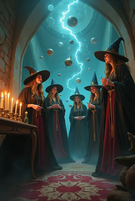 A coven of witches accidentally drinking the wrong potion, floating objects wobbling in the air as their laughter echoes through...