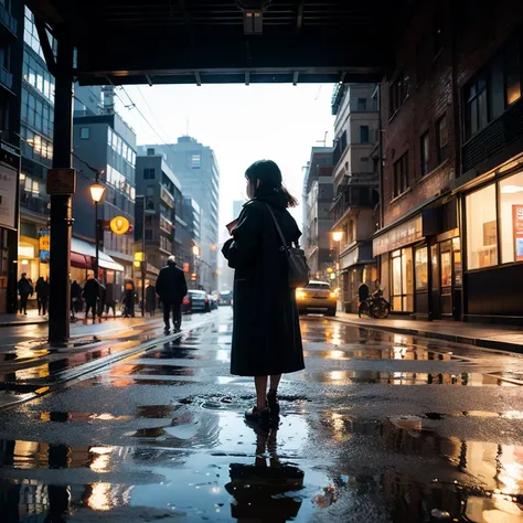 The city projected、by a person staring at a puddle transforms into an unfamiliar area, Soft Light, dreamy vibe.