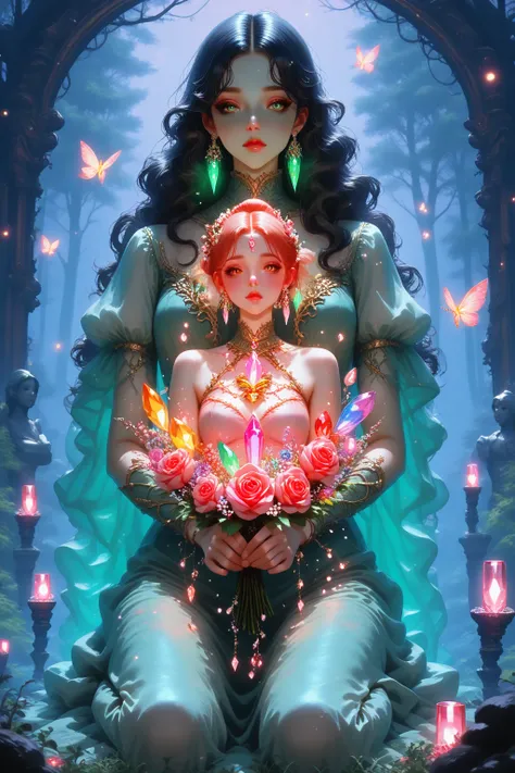 Surreal night fantasy inspired by Caravaggio. In a dark misty forest, a kneeling crystal-glass female statue glows softly from w...