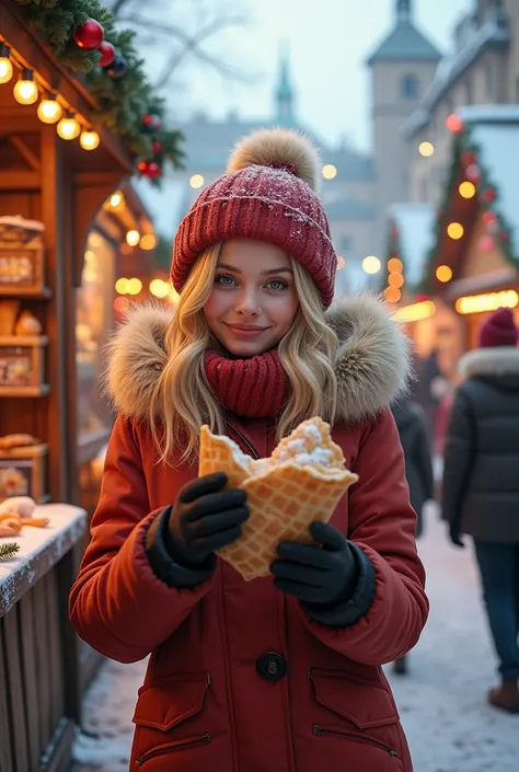 fotorealistisch, weinachtsmarkt, Blonde woman in winter jacket, mit crepe in der hand