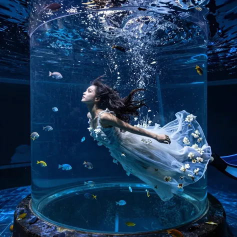 masterpiece, best quality, 1girl, Japanese beauty, dive in a huge cylindrical tank, white dress spreads like flowers in the wate...