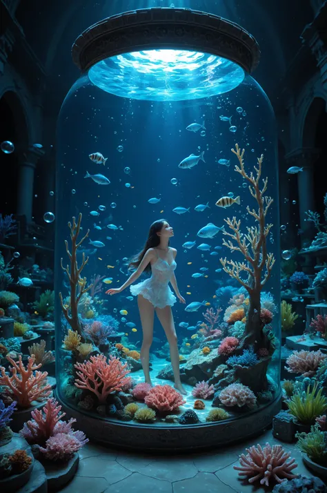 masterpiece, best quality, 1girl, solo, miniature female character, living inside a fish tank, ornate coral castle, glowing aqua...