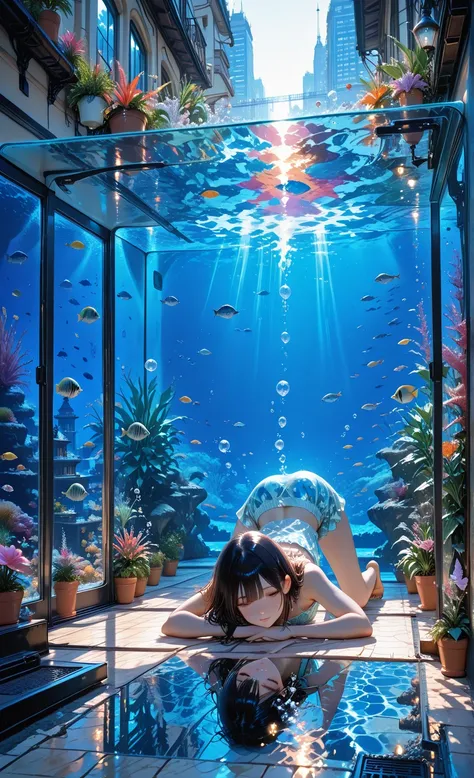 masterpiece, best quality, anime style,
a large aquarium containing a beautiful miniature cityscape,
tiny buildings, glowing win...