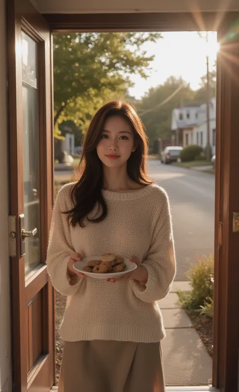 An adult young woman from the neighborhood standing at the front door of a cozy residential house,
seen from the front, gently s...