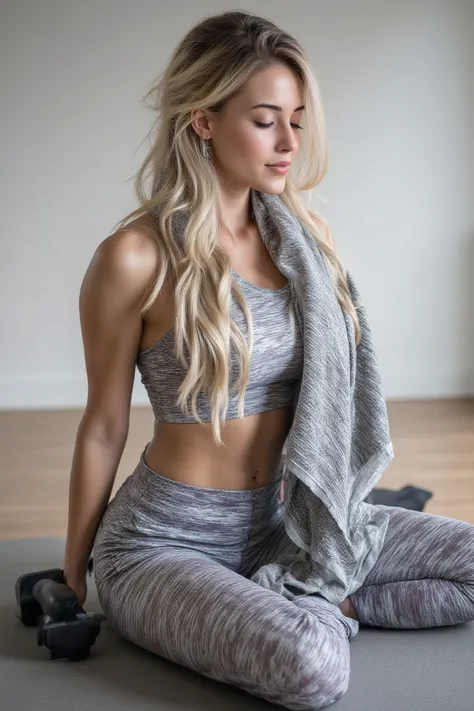 Einstellung: platinblondes langes Haar
Home Workout Glow
Pose : In the middle of a workout with a dumbbell , stretch on a yog...