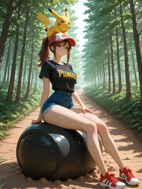 Elaine (pikavui),brown hair, brown eyes,ponytail, baseball cap, closed mouth, white short sleeves, black shirt, blue shorts with...