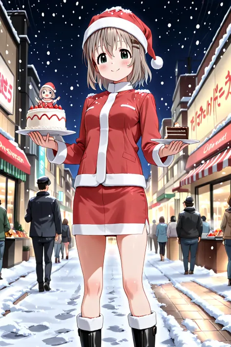  (yukimura aoi, 1woman, solo, age 15, hight: 152cm,baby face, green eyes,grey hair,medium hair, small_breasts, ) santa costume, ...