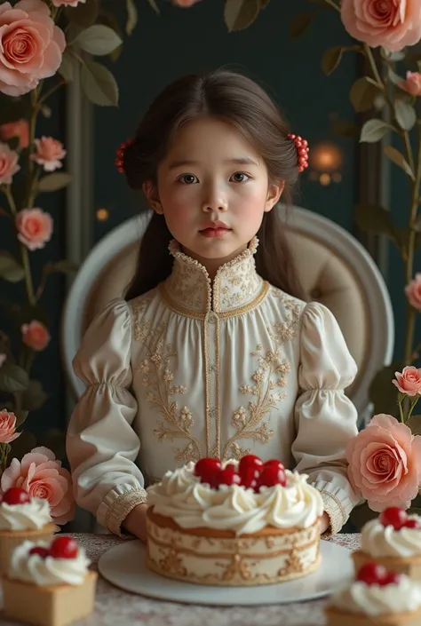 vintage girl surrounded by cakes and roses, cherry cake with cream on the table in front of her 