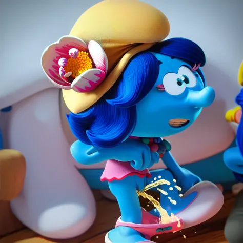 Smurfblossom, blue skin, blue eyes, dark blue hair, three, light yellow hat, hat flower, Baby kids Potty Break toilet panties do...