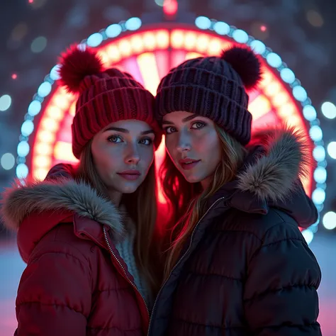 winter casino promo. Two adult models in front of a glowing fortune wheel: мужчина слева, женщина справа, оба смотрят в камеру, ...