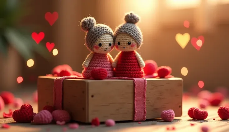 Ultra-realistic crochet storybook scene, mini crochet couple sitting on a bench made of crochet, arranged inside a wooden gift b...