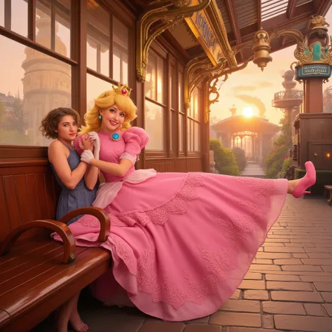 Princess Peach sits on a train station bench with a small child on her lap. She sings cheerfully and maintains the rhythm “toot-...