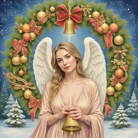 watercolor Christmas angel with a bell against the backdrop of a Christmas wreath decorated with Christmas tree decorations, loc...