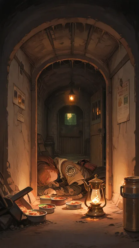 masterpiece, best quality, high quality, ultra highres, 1girl, solo, Last refuge, underground shelter, Rusted Iron Walls, Warm O...