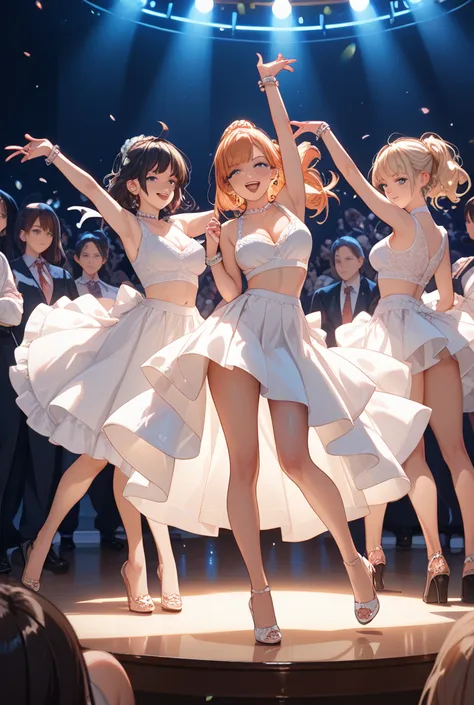 (3girls),anime style,Full body image of the３Full body image of a trio of people dancing at school