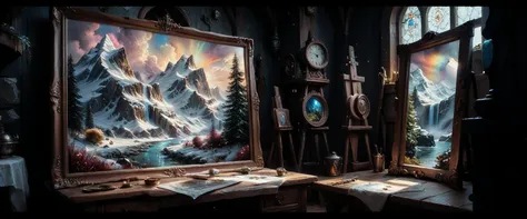 painting of a penguins colony in the antartic rocky snowy fiord mountains during a snow blizzard, magical realism painting, magi...