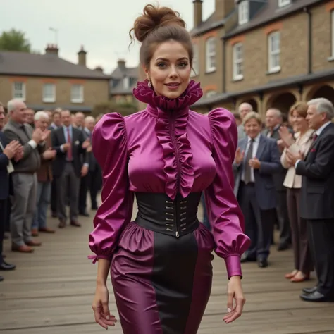 (realistic angled photograph cheerful) (a big natural breasts slender beautiful pleasantly surprised damsel with (messy hair bun...