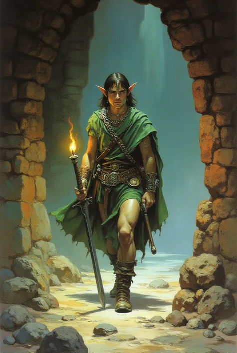 1980s retro fantasy illustration. three quarter front view, of a a male elven advuturer marching cautiously through a dungeon co...