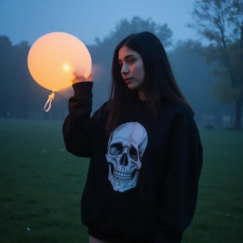 Girl black hair Sweatshirt with a skull helium balloon with a hose in the butt, inflated belly