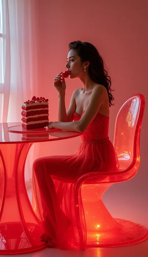 Jelly chair, jelly table with jelly cake, beautiful woman sitting in jelly chair eating jelly cake