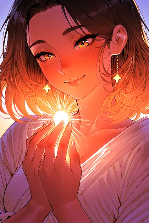 A stunning Japanese woman with a warm, sun-drenched aura. Her eyes are filled with deep compassion and a hint of maternal longin...