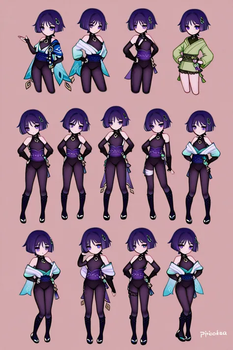 Draw me a 16-year-old girl with short purple hair like Scaramucci of Genshin and purple eyes, kunoichi. And bangs like Wanderer ...