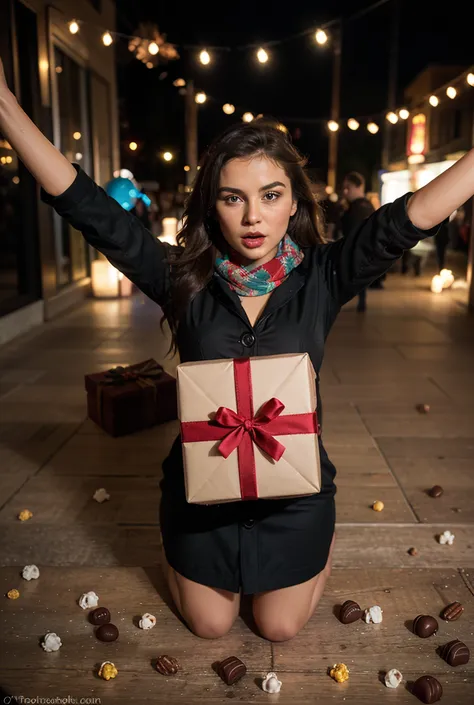 Open luxury gift box on the floor glowing with magical light, chocolates, truffles, pralines, nuts and candy pieces exploding up...