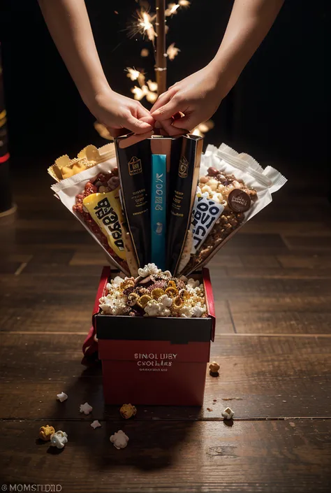 Open luxury gift box on the floor glowing with magical light, chocolates, truffles, pralines, nuts and candy pieces exploding up...