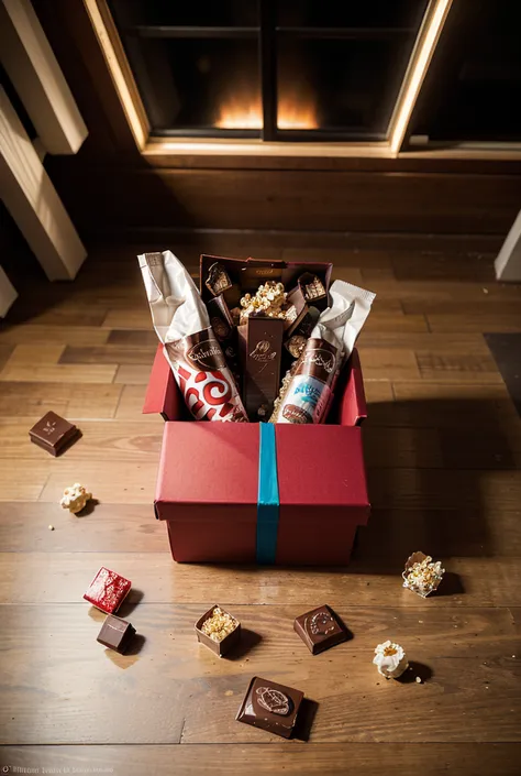 Open luxury gift box on the floor glowing with magical light, chocolates, truffles, pralines, nuts and candy pieces exploding up...