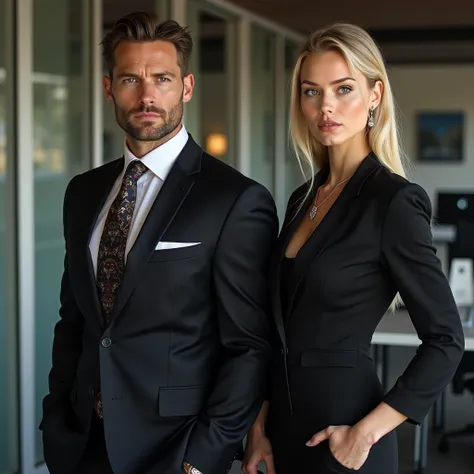 realistic photo, in an office environment with computers.  In it moves an elegant muscular man, Dressed as a rich manager. There...