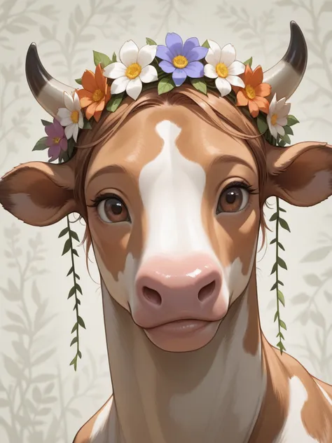 cow, female, portrait size, brown eyes, feral, flowers decorate the head, a wreath of flowers, a simple flesh background